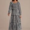 Black&White Plaid Long Sleeve Square Neck Smocked Midi Dress 1 Black&White Plaid Long Sleeve Square Neck Smocked Midi Dress -Women Dress Shop brld2060901 1