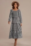 Black&White Plaid Long Sleeve Square Neck Smocked Midi Dress