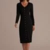 Black Long Sleeve V Neck Buttons Midi Dress -Women Dress Shop brld2061601 1