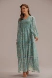 Floral Long Sleeve V Neck Smocked Tiered Maxi Dress