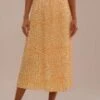 Yellow Pleated Elastic Waist Midi Skirt