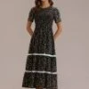 Black Floral Short Sleeve Round Neck Smocked Midi Dress -Women Dress Shop brld2070702 3 1