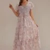 Mauve Floral Short Sleeves V Neck Smocked Tiered Maxi Dress -Women Dress Shop brld2090803 1