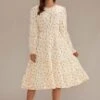 Ivory Floral Long Sleeve Round Neck Tiered Midi Dress -Women Dress Shop brld2092901 1
