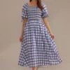 Navy Plaid Short Puff Sleeve Square Neck Smocked Midi Dress -Women Dress Shop brld2101806 1