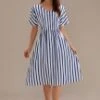 Sailor Stripe Short Sleeve V Neck Midi Dress With Pockets -Women Dress Shop brld2102002 6