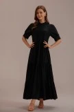 Black Short Sleeve High Neck Tiered Maxi Dress