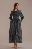 Black Floral Long Sleeve Round Neck Smocked Maxi Dress With Pockets