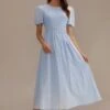 Blue Stripe Short Sleeve Round Neck Smocked Cotton Midi Dress -Women Dress Shop brld2111008 1