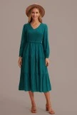Teal Long Sleeve V Neck Smocked Tiered Midi Dress 11 Teal Long Sleeve V Neck Smocked Tiered Midi Dress - Image 9