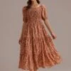 Rust Short Sleeve Square Neck Smocked Maxi Dress -Women Dress Shop brld2120105 1