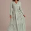 Floral Long Elastic Cuff Sleeve V Neck Buttons Tiered Maxi Dress -Women Dress Shop brld22022512 3