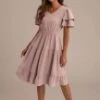 Tiered Ruffled Short Sleeve V Neck Swiss Dots Midi Dress -Women Dress Shop brld22030204 1