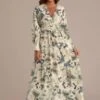 Floral Long Sleeve V Neck Tie Waist Maxi Dress