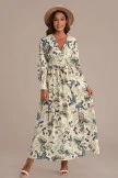Floral Long Sleeve V Neck Tie Waist Maxi Dress