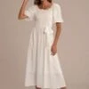 White Short Puff Sleeve Square Neck Tie Waist Midi Dress -Women Dress Shop brld22041405 1