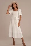 White Short Puff Sleeve Square Neck Tie Waist Midi Dress