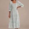 Floral 3/4 Sleeve Square Neck Smocked Tiered Midi Dress -Women Dress Shop brld22042805 3 1