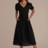 Black Short Sleeve V Neck Midi Dress With Pockets -Women Dress Shop brld22042910 1