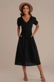 Black Short Sleeve V Neck Midi Dress With Pockets
