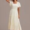 Cream Puff Short Sleeve Square Neck Smocked Tiered Midi Dress -Women Dress Shop brld22051901 01