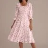 Floral Half Sleeve Square Neck Smocked Tiered Midi Dress -Women Dress Shop brld22051905 1