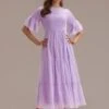 Lavender Short Ruffle Sleeve High Neck Smocked Midi Dress -Women Dress Shop brld22061506 1