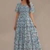 Blue Floral Short Sleeve Square Neck Smocked Tiered Maxi Dress -Women Dress Shop brld22071405 1