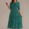 Green Floral Short Sleeve Round Neck Smocked Tiered Midi Dress -Women Dress Shop brld22072804 1