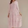 Pink Floral 3/4 Sleeve Round Neck Smocked Tiered Midi Dress -Women Dress Shop brld22080401 1