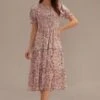 Pink Floral Short Sleeve Round Neck Smocked Tiered Midi Dress