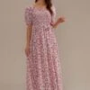 Floral Short Puff Sleeve Square Neck Smocked Tie Waist Maxi Dress 2 Floral Short Puff Sleeve Square Neck Smocked Tie Waist Maxi Dress -Women Dress Shop brld22081805 1