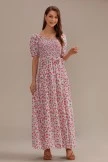 Floral Short Puff Sleeve Square Neck Smocked Tie Waist Maxi Dress