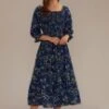 Teal Floral 3/4 Sleeve Square Neck Smocked Tiered Midi Dress -Women Dress Shop brld22082502 1