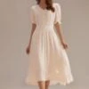 Ivory Short Sleeve V Neck Elastic Waist Split Ruffle Midi Dress -Women Dress Shop brld22083009 1