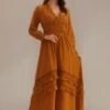 Camel 3/4 Sleeve V Neck Ruffle Maxi Dress -Women Dress Shop brld22090607 1