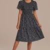 Black Short Sleeve Round Neck Smocked Midi Dress -Women Dress Shop brld22090802 1