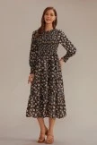 Floral Long Sleeve Round Neck Smocked Midi Dress