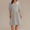 Sage Short Puff Sleeve V Neck Midi Dress -Women Dress Shop brld22092707 1