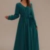 Green Long Sleeve V Neck Solid Green Maxi Dress -Women Dress Shop brld22092709 1