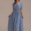 Blue Floral Short Elastic Ruffle Sleeve V Neck Maxi Dress -Women Dress Shop brld22092710 1