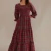 Red Plaid 3/4 Sleeve Square Neck Smocked Tiered Maxi Dress -Women Dress Shop brld22100605 4