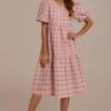 Pink Plaid Short Sleeve Round Neck Midi Dress -Women Dress Shop brld23062001 1
