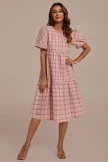 Pink Plaid Short Sleeve Round Neck Midi Dress