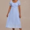Blue Short Puff Sleeve Square Neck Cross Tie Up Midi Dress -Women Dress Shop brld23062003 1