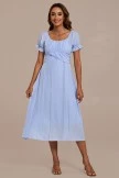 Blue Short Puff Sleeve Square Neck Cross Tie Up Midi Dress