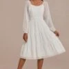 White Long Sleeve Square Neck Swiss Dots Midi Dress -Women Dress Shop brld23062004 1