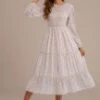 Polka Dot Print Long Sleeve Round Neck Tiered Midi Dress -Women Dress Shop brld267075 1