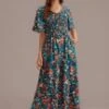 Teal Floral Short Sleeve V Neck Maxi Dress