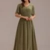 Olive Swiss Dot Short Sleeve V Neck Maxi Dress With Buttons -Women Dress Shop brld3020203 1